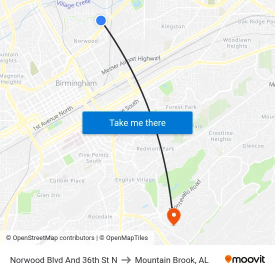 Norwood Blvd And 36th St N to Mountain Brook, AL map