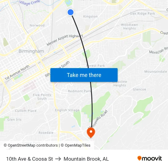 10th Ave & Coosa St to Mountain Brook, AL map