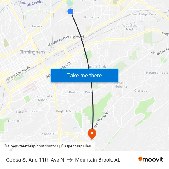 Coosa St And 11th Ave N to Mountain Brook, AL map