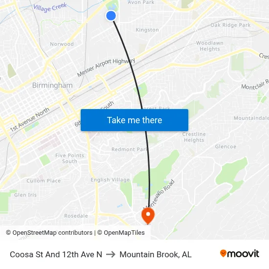 Coosa St And 12th Ave N to Mountain Brook, AL map