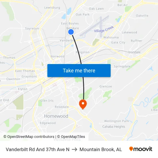 Vanderbilt Rd And 37th Ave N to Mountain Brook, AL map