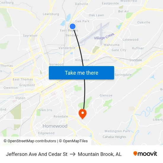 Jefferson Ave And Cedar St to Mountain Brook, AL map