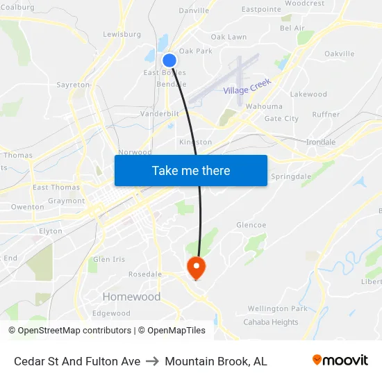 Cedar St And Fulton Ave to Mountain Brook, AL map