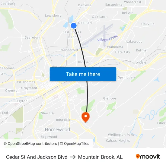 Cedar St And Jackson Blvd to Mountain Brook, AL map
