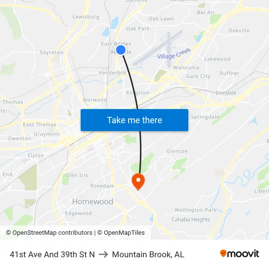 41st Ave And 39th St N to Mountain Brook, AL map