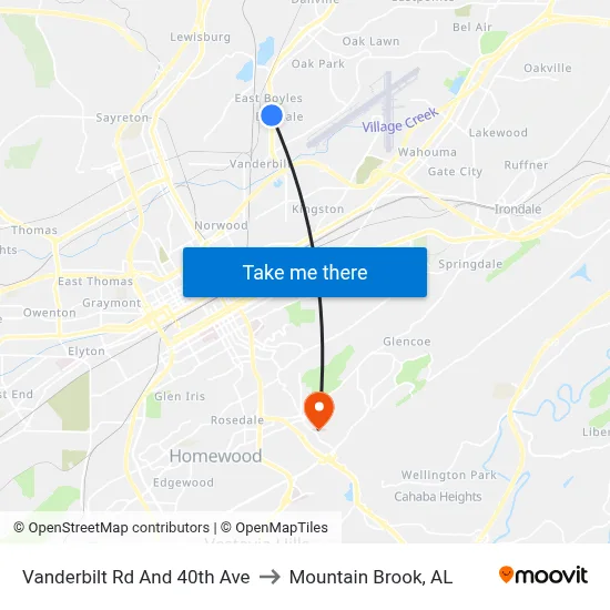 Vanderbilt Rd And 40th Ave to Mountain Brook, AL map