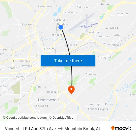 Vanderbilt Rd And 37th Ave to Mountain Brook, AL map