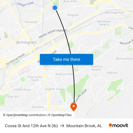 Coosa St And 12th Ave N (Ib) to Mountain Brook, AL map