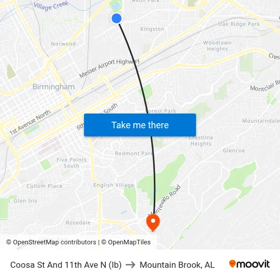 Coosa St And 11th Ave N (Ib) to Mountain Brook, AL map