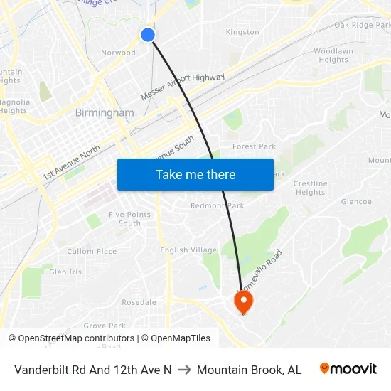 Vanderbilt Rd And 12th Ave N to Mountain Brook, AL map