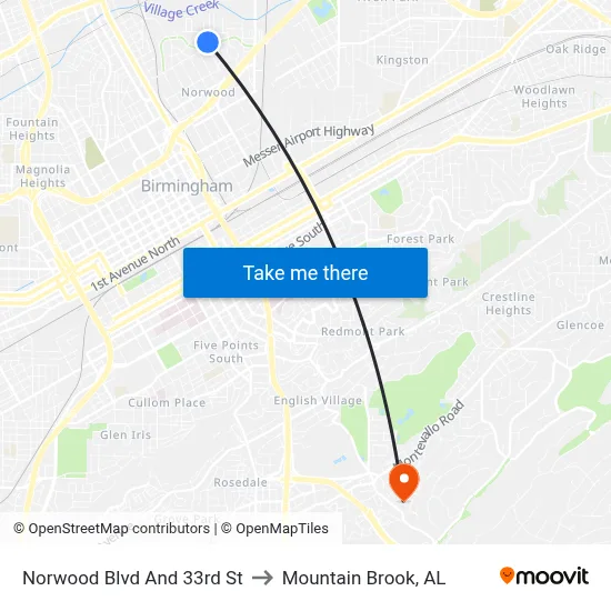 Norwood Blvd And 33rd St to Mountain Brook, AL map
