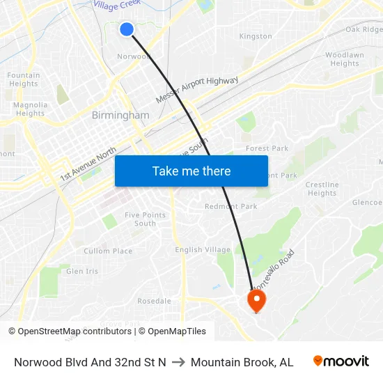 Norwood Blvd And 32nd St N to Mountain Brook, AL map