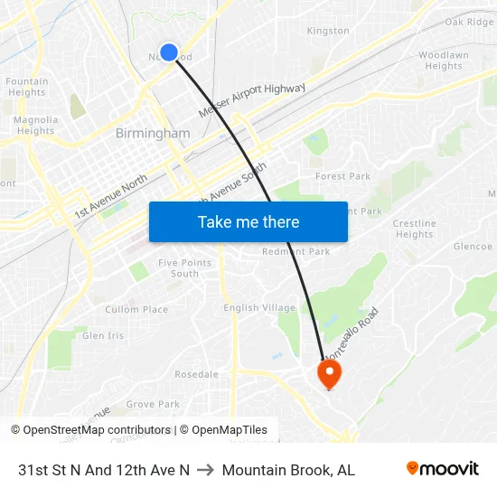 31st St N And 12th Ave N to Mountain Brook, AL map