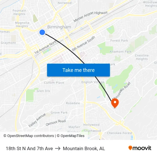 18th St N And 7th Ave to Mountain Brook, AL map