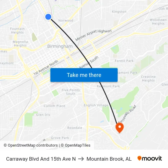 Carraway Blvd And 15th Ave N to Mountain Brook, AL map