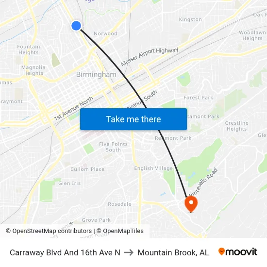 Carraway Blvd And 16th Ave N to Mountain Brook, AL map