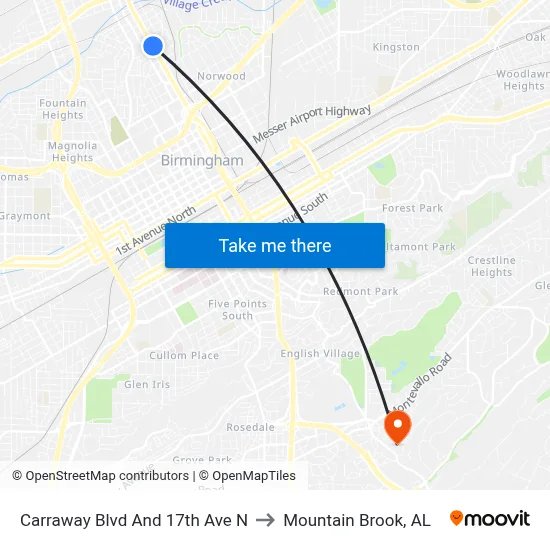 Carraway Blvd And 17th Ave N to Mountain Brook, AL map