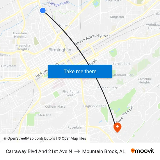 Carraway Blvd And 21st Ave N to Mountain Brook, AL map