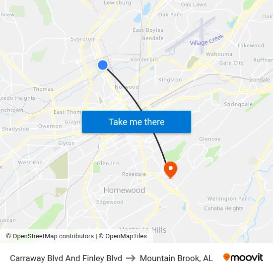 Carraway Blvd And Finley Blvd to Mountain Brook, AL map