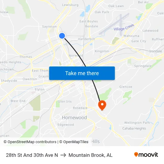 28th St And 30th Ave N to Mountain Brook, AL map