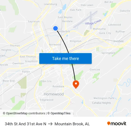34th St And 31st Ave N to Mountain Brook, AL map