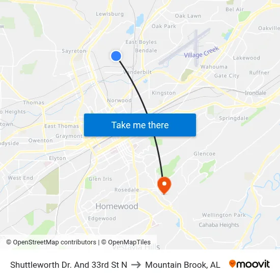 Shuttleworth Dr. And 33rd St N to Mountain Brook, AL map