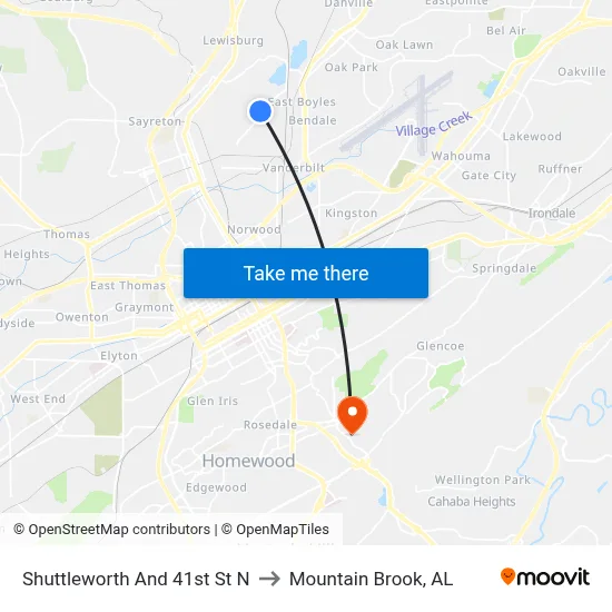 Shuttleworth And 41st St N to Mountain Brook, AL map