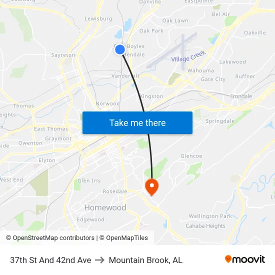 37th St And 42nd Ave to Mountain Brook, AL map