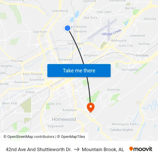 42nd Ave And Shuttleworth Dr. to Mountain Brook, AL map