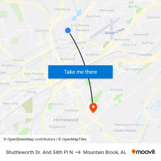 Shuttleworth Dr. And 34th Pl N to Mountain Brook, AL map