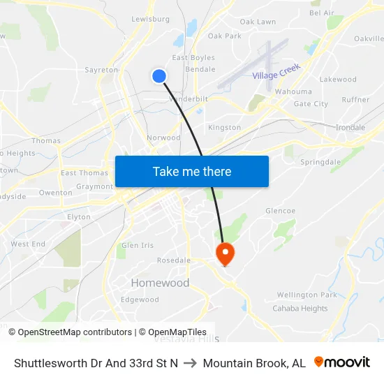 Shuttlesworth Dr And 33rd St N to Mountain Brook, AL map