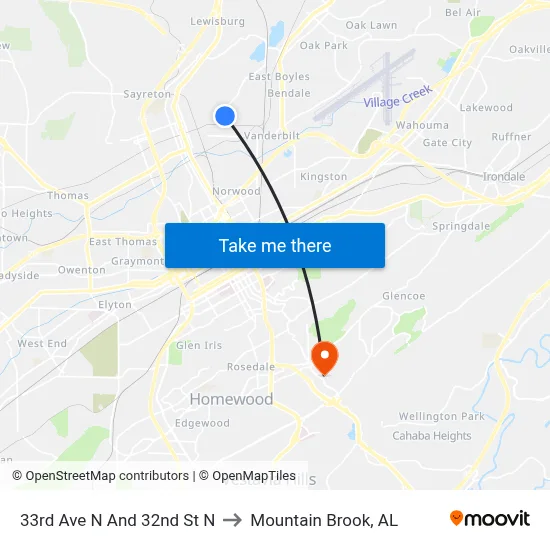 33rd Ave N And 32nd St N to Mountain Brook, AL map