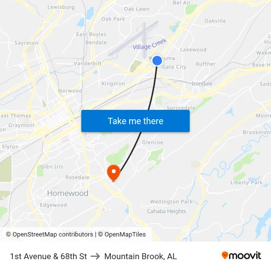 1st Avenue & 68th St to Mountain Brook, AL map