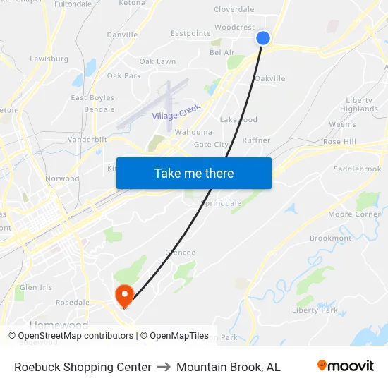 Roebuck Shopping Center to Mountain Brook, AL map