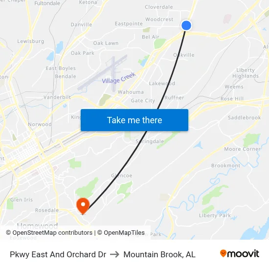 Pkwy East And Orchard Dr to Mountain Brook, AL map