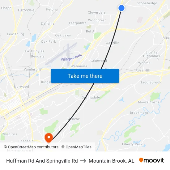 Huffman Rd And Springville Rd to Mountain Brook, AL map