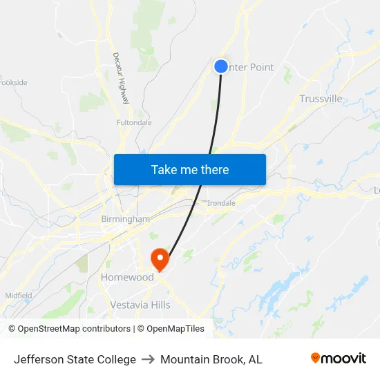 Jefferson State College to Mountain Brook, AL map