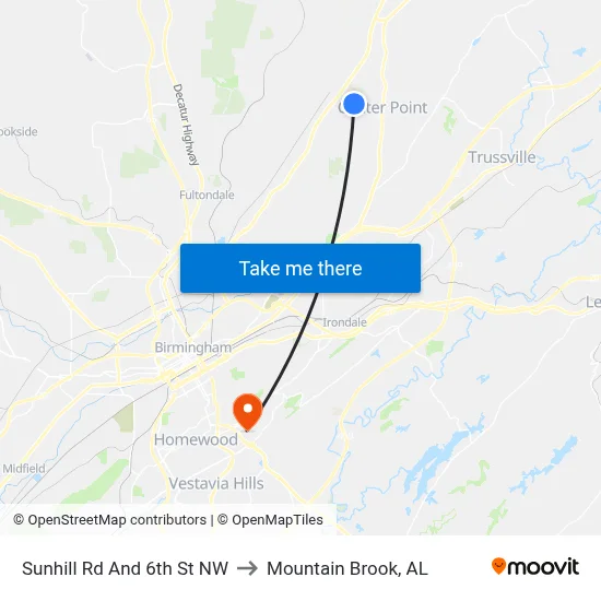 Sunhill Rd And 6th St NW to Mountain Brook, AL map