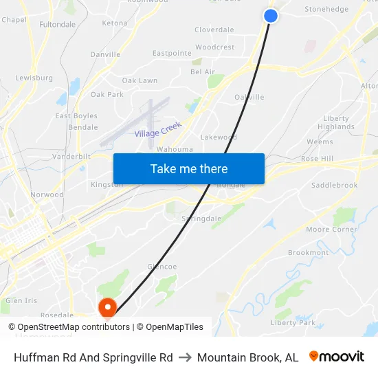 Huffman Rd And Springville Rd to Mountain Brook, AL map