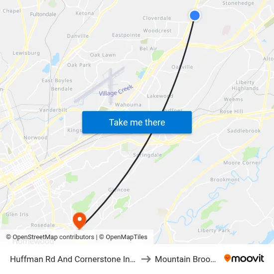 Huffman Rd And Cornerstone Inbound to Mountain Brook, AL map