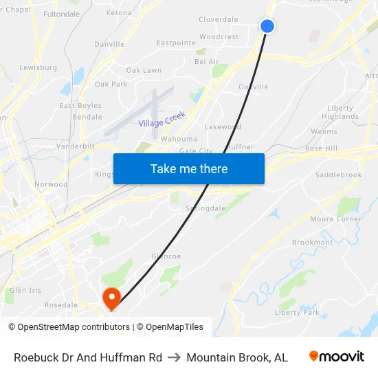 Roebuck Dr And Huffman Rd to Mountain Brook, AL map