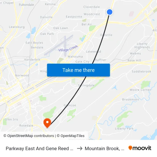Parkway East And Gene Reed Rd to Mountain Brook, AL map