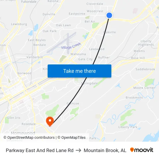 Parkway East And Red Lane Rd to Mountain Brook, AL map
