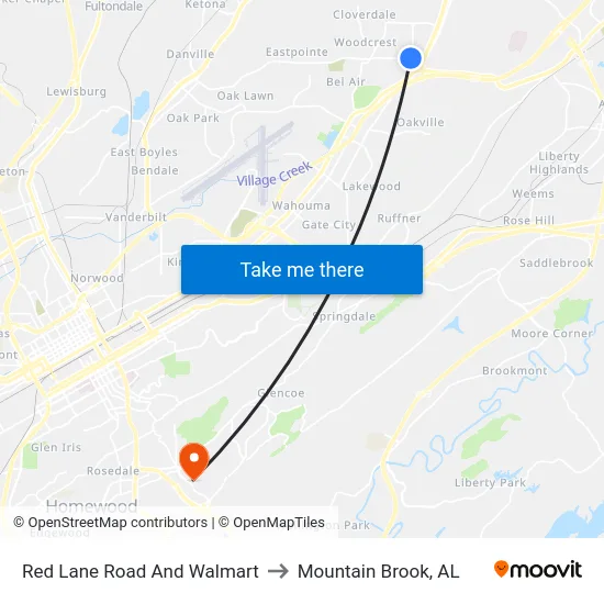 Red Lane Road And Walmart to Mountain Brook, AL map