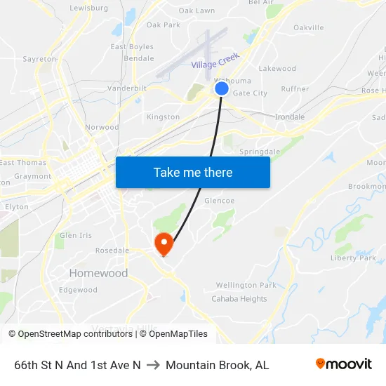 66th St N And 1st Ave N to Mountain Brook, AL map