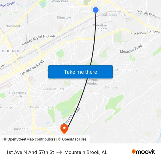 1st Ave N And 57th St to Mountain Brook, AL map