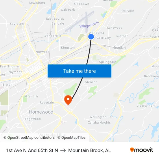 1st Ave N And 65th St N to Mountain Brook, AL map
