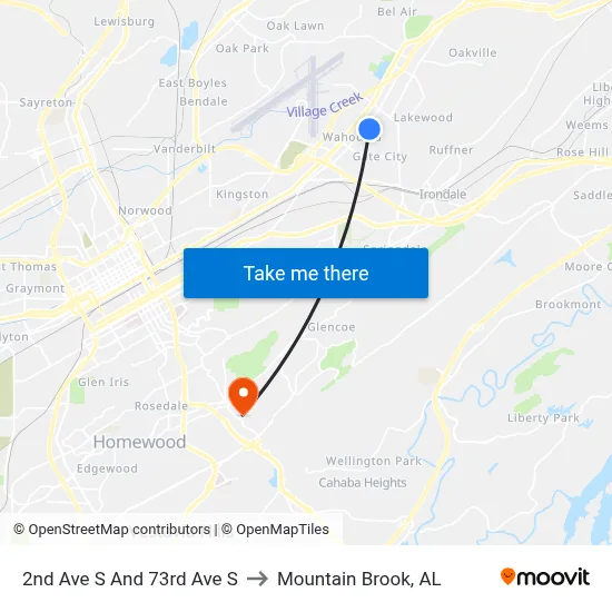 2nd Ave S And 73rd Ave S to Mountain Brook, AL map
