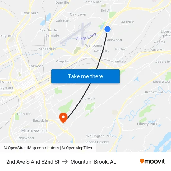 2nd Ave S And 82nd St to Mountain Brook, AL map