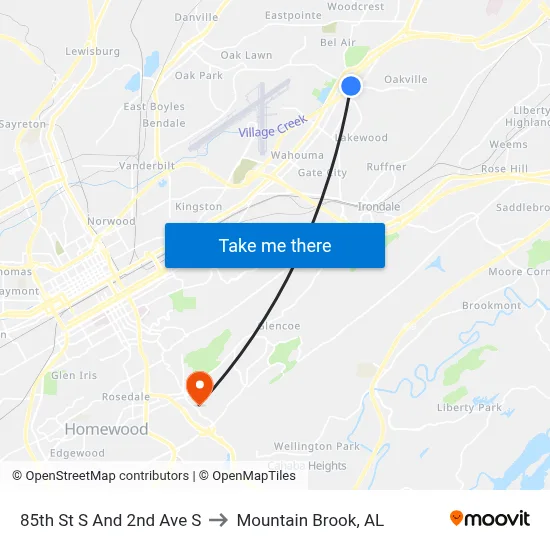 85th St S And 2nd Ave S to Mountain Brook, AL map